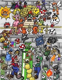 Picture of many characters from different Mario-games.