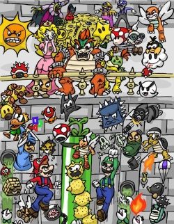 Viele Gegner und Figuren aus den Mariospielen.